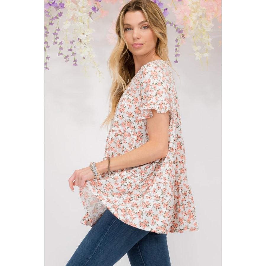 Celeste Full Size Floral Ruffled Short Sleeve Blouse Apparel and Accessories