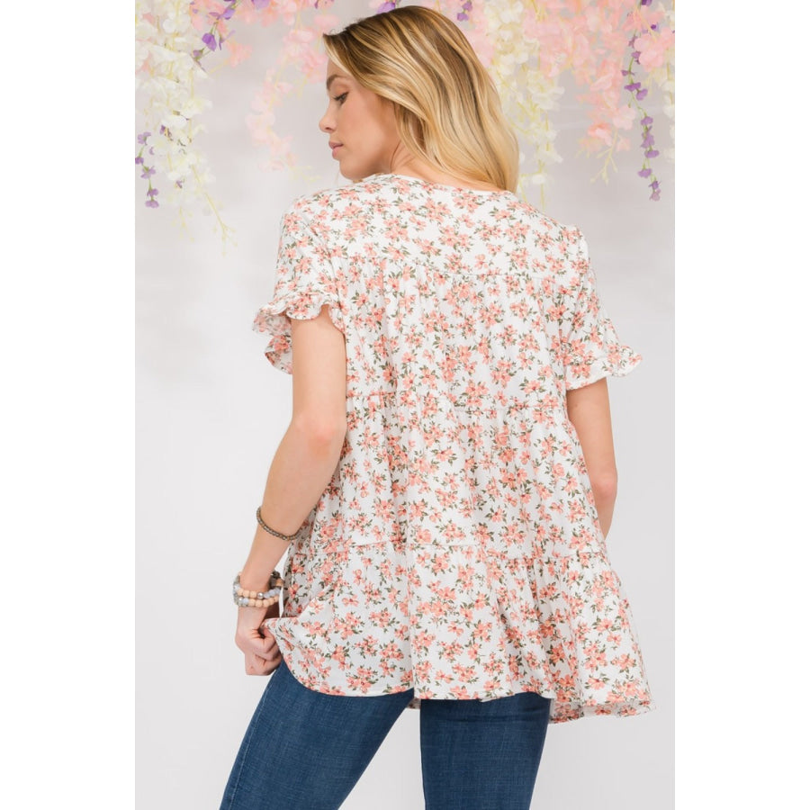 Celeste Full Size Floral Ruffled Short Sleeve Blouse Apparel and Accessories