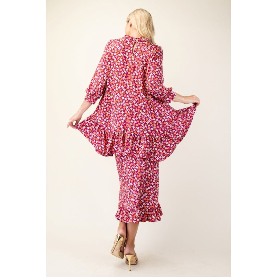 Celeste Full Size Floral Ruffled Top and Midi Skirt Set Magenta Floral / S Apparel and Accessories