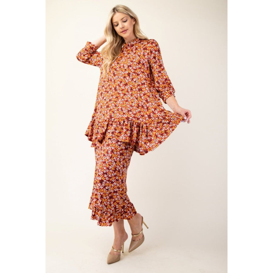 Celeste Full Size Floral Ruffled Top and Midi Skirt Set Apparel and Accessories