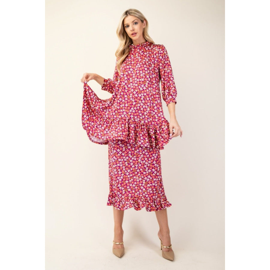 Celeste Full Size Floral Ruffled Top and Midi Skirt Set Magenta Floral / S Apparel and Accessories