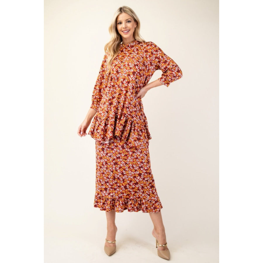 Celeste Full Size Floral Ruffled Top and Midi Skirt Set Rust Floral / S Apparel and Accessories