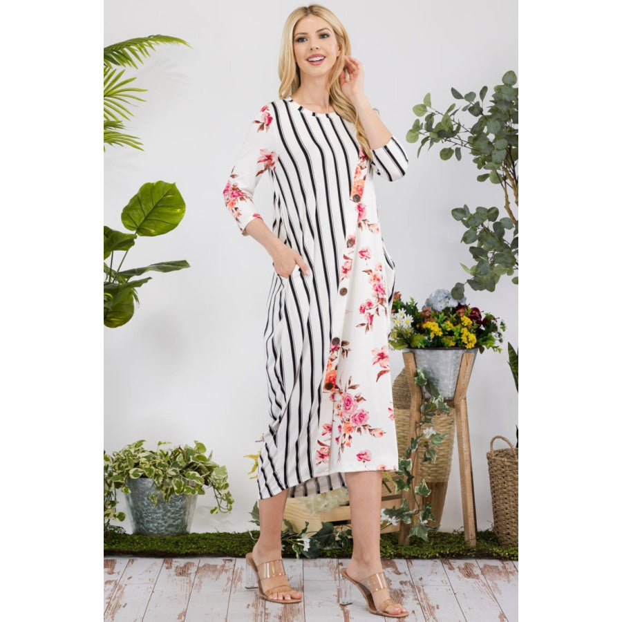 Celeste Full Size Floral Striped Contrast Midi-Dress with Pockets Apparel and Accessories