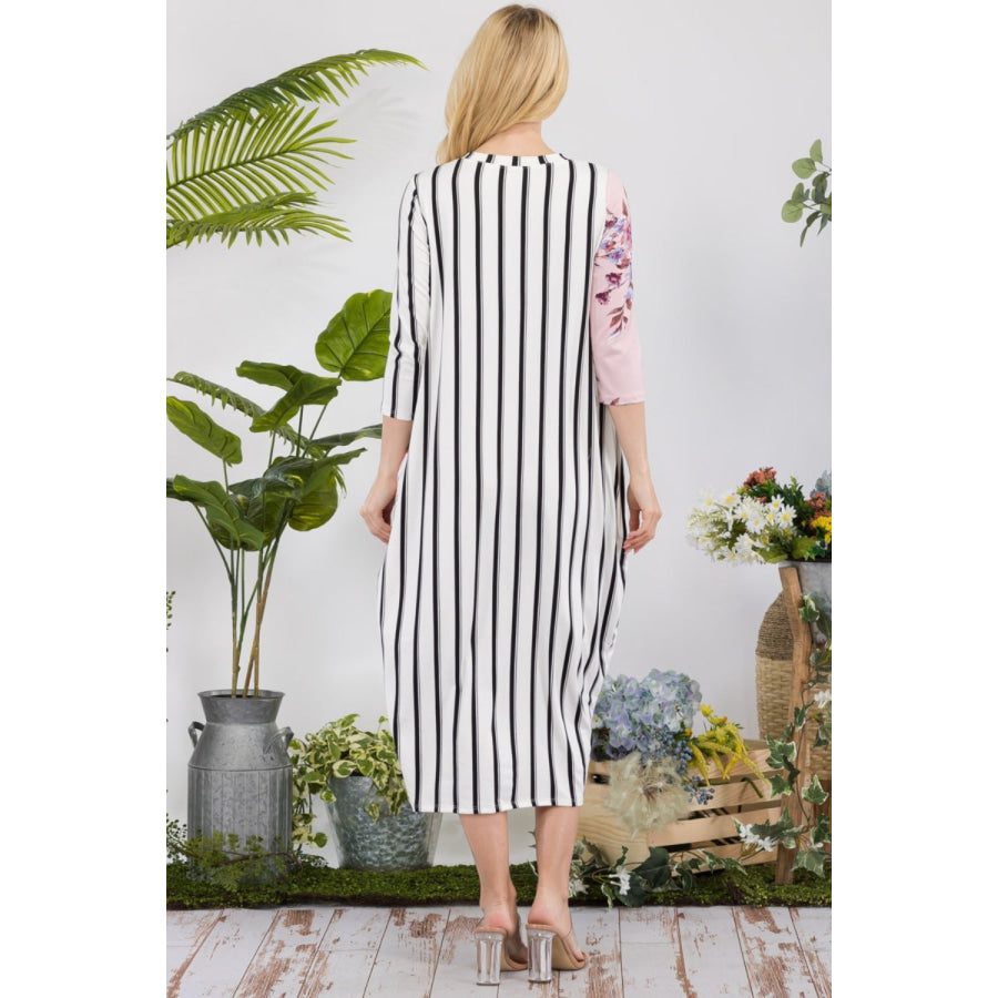 Celeste Full Size Floral Striped Contrast Midi-Dress with Pockets Apparel and Accessories