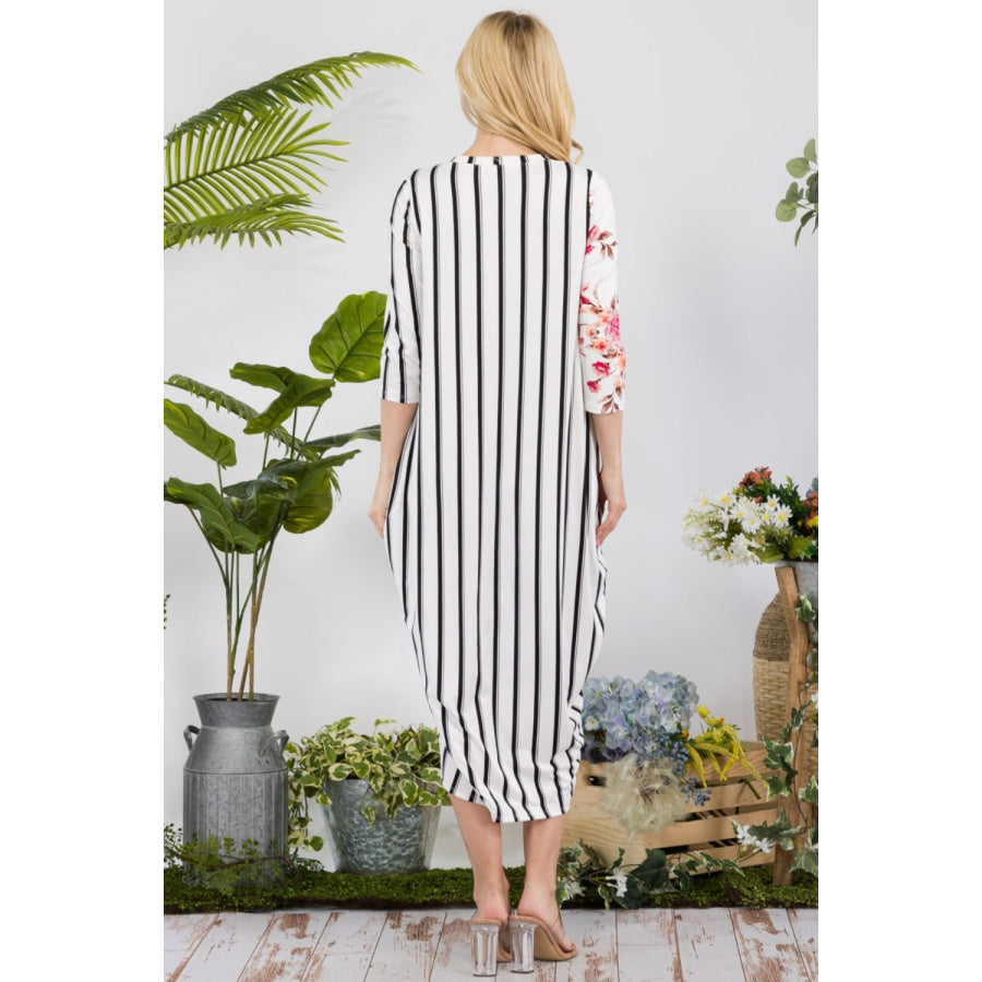 Celeste Full Size Floral Striped Contrast Midi-Dress with Pockets Ivory Floral/Stripe / S Apparel and Accessories