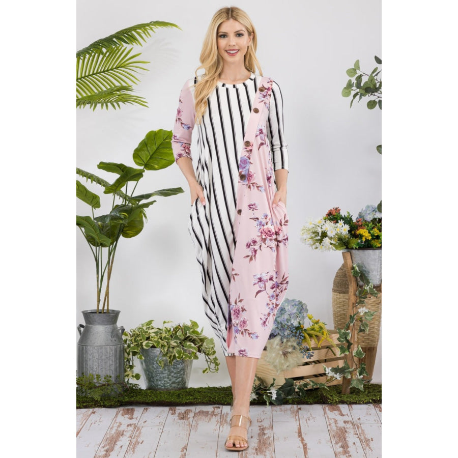 Celeste Full Size Floral Striped Contrast Midi-Dress with Pockets Mauve Floral/Stripe / S Apparel and Accessories