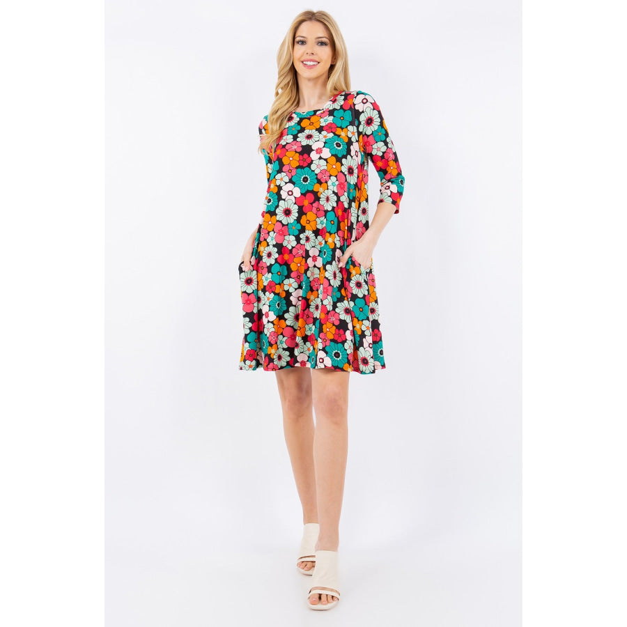 Celeste Full Size Floral Three-Quarter Sleeve Dress with Pockets Apparel and Accessories