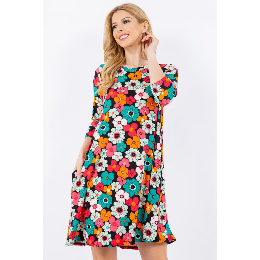 Celeste Full Size Floral Three-Quarter Sleeve Dress with Pockets Apparel and Accessories