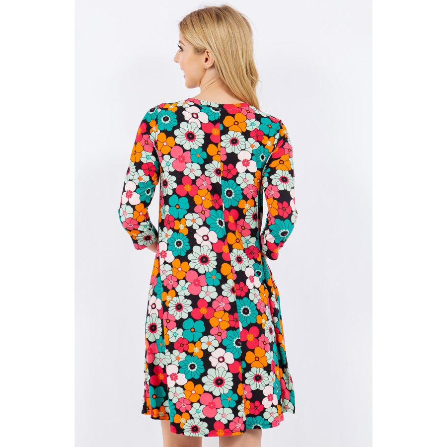 Celeste Full Size Floral Three-Quarter Sleeve Dress with Pockets Apparel and Accessories