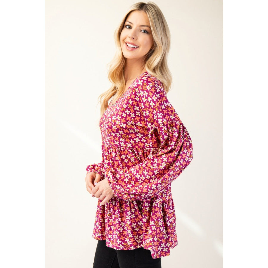 Celeste Full Size Floral V-Neck Balloon Sleeve Blouse Apparel and Accessories