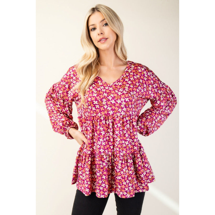 Celeste Full Size Floral V-Neck Balloon Sleeve Blouse Apparel and Accessories