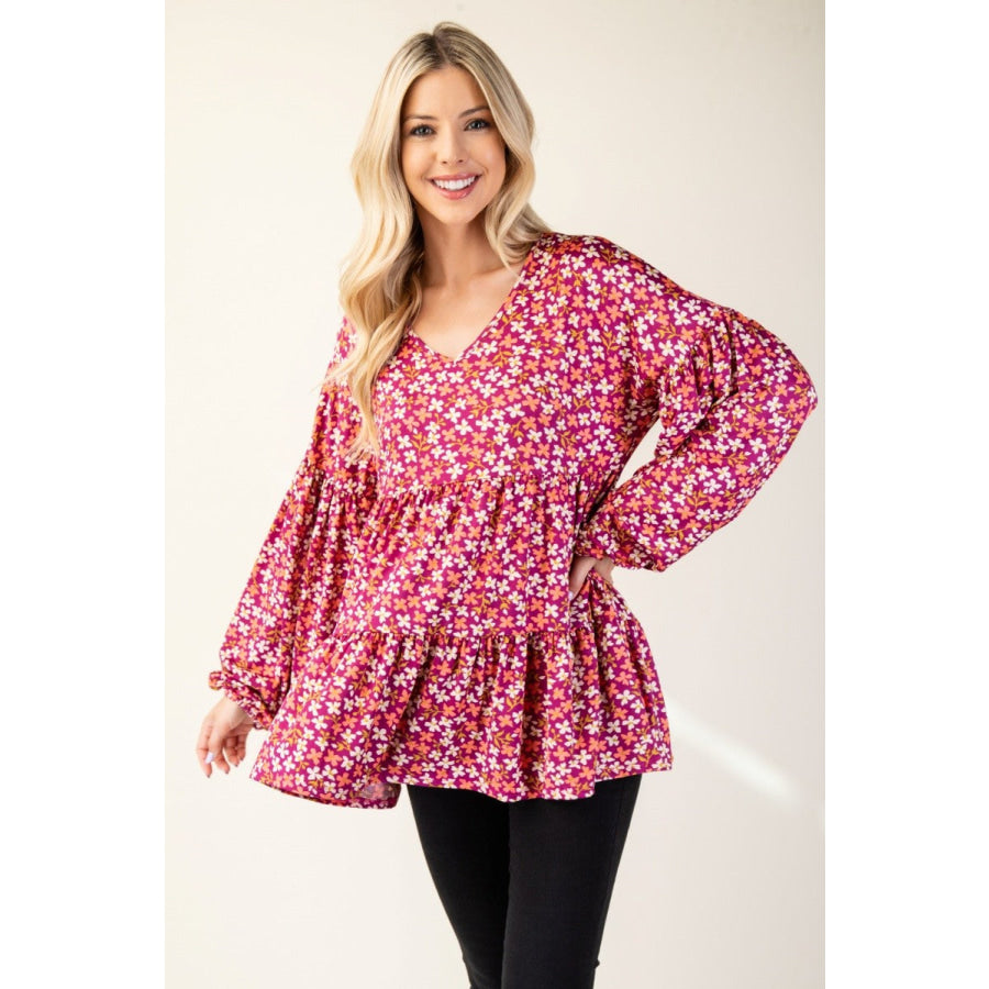 Celeste Full Size Floral V-Neck Balloon Sleeve Blouse Apparel and Accessories