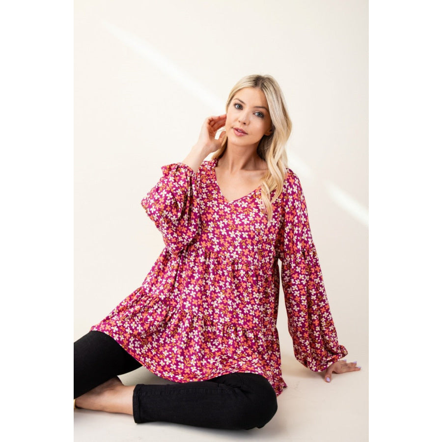 Celeste Full Size Floral V-Neck Balloon Sleeve Blouse Apparel and Accessories