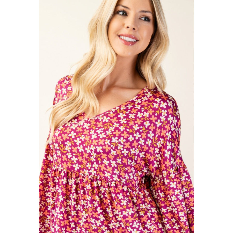 Celeste Full Size Floral V-Neck Balloon Sleeve Blouse Apparel and Accessories