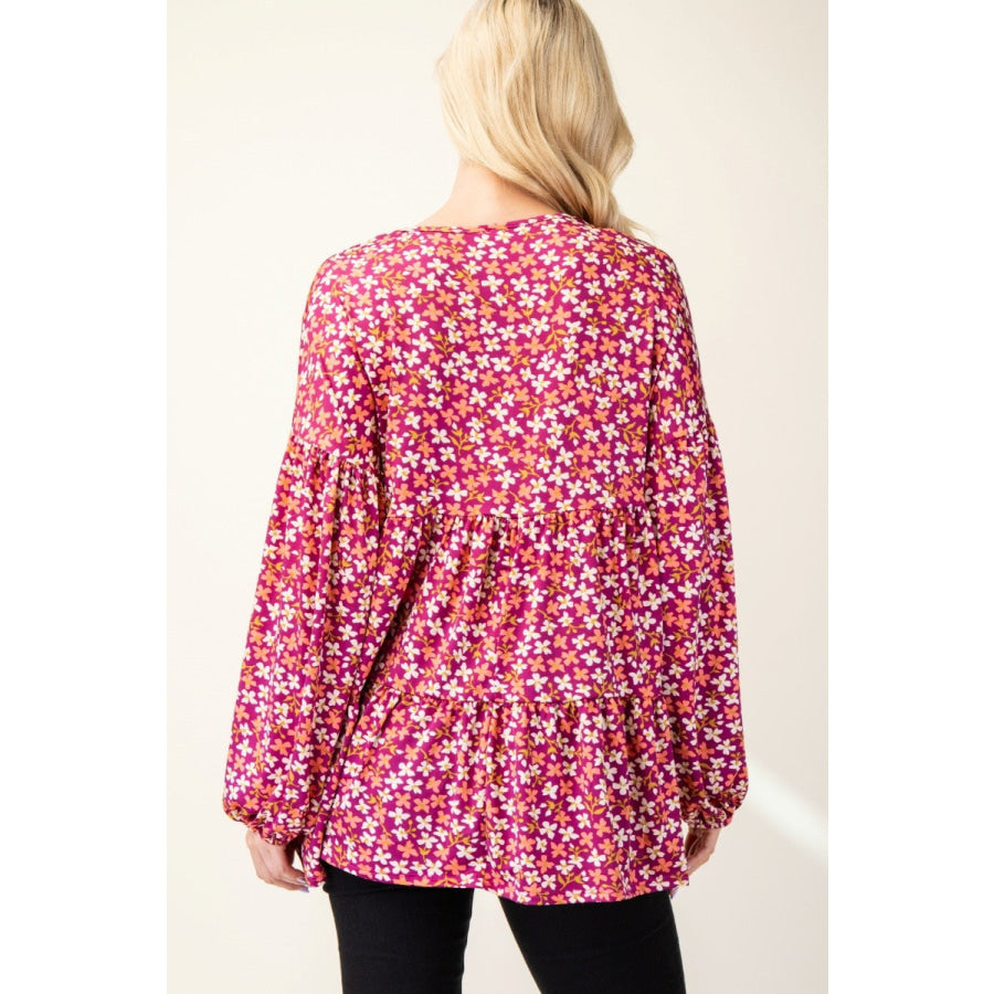 Celeste Full Size Floral V-Neck Balloon Sleeve Blouse Apparel and Accessories