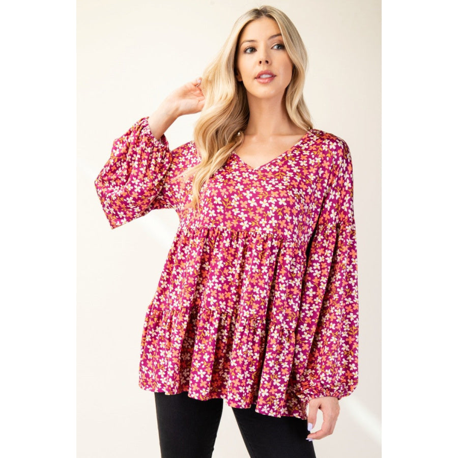 Celeste Full Size Floral V-Neck Balloon Sleeve Blouse Magenta / S Apparel and Accessories