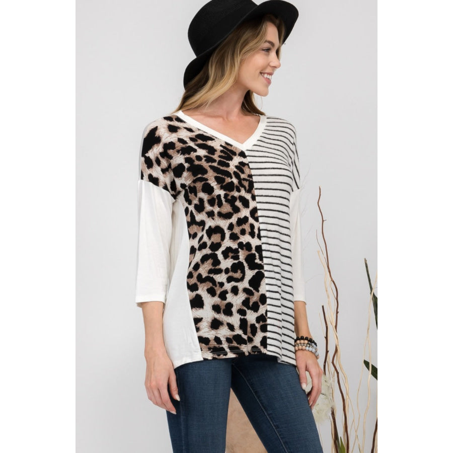 Celeste Full Size Front Leopard and Striped Print V-Neck T-Shirt Apparel and Accessories