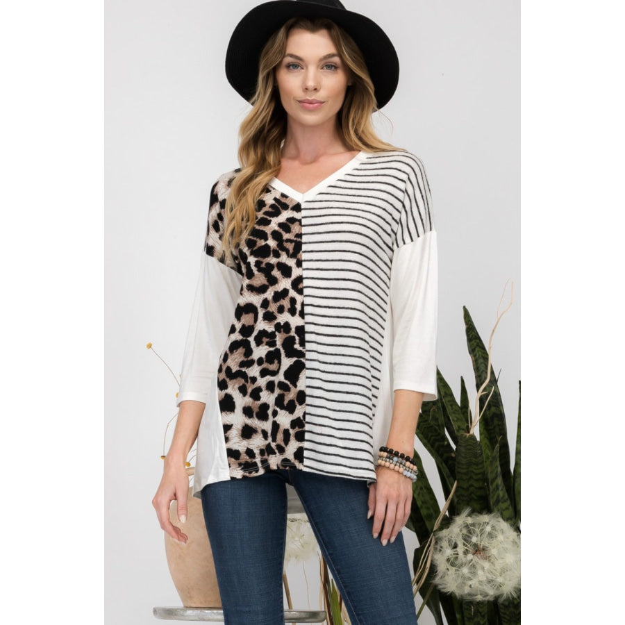 Celeste Full Size Front Leopard and Striped Print V-Neck T-Shirt Apparel and Accessories