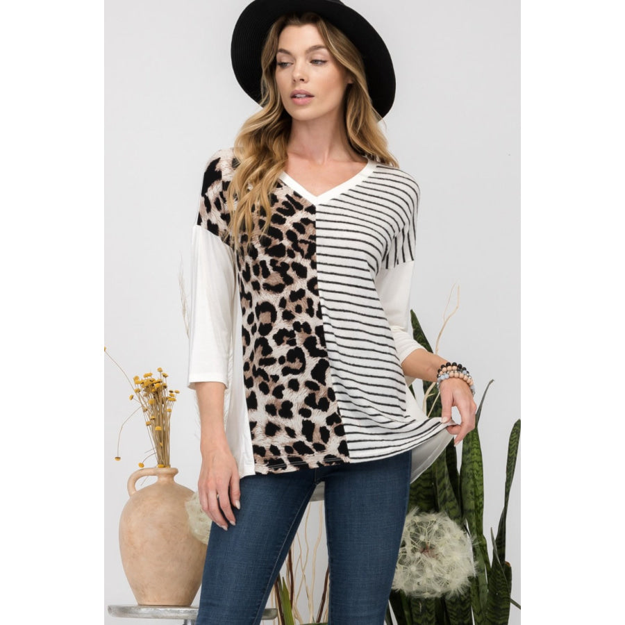 Celeste Full Size Front Leopard and Striped Print V-Neck T-Shirt Ivory/Leopard / S Apparel and Accessories