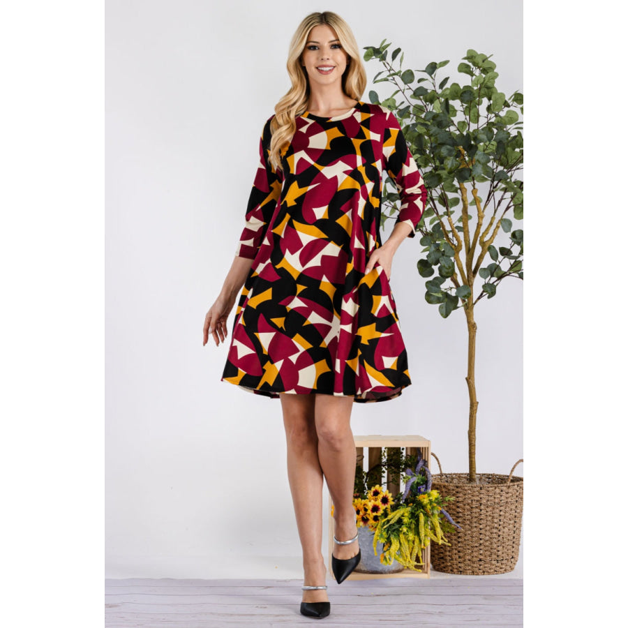 Celeste Full Size Geometric Round Neck Dress with Pockets Apparel and Accessories