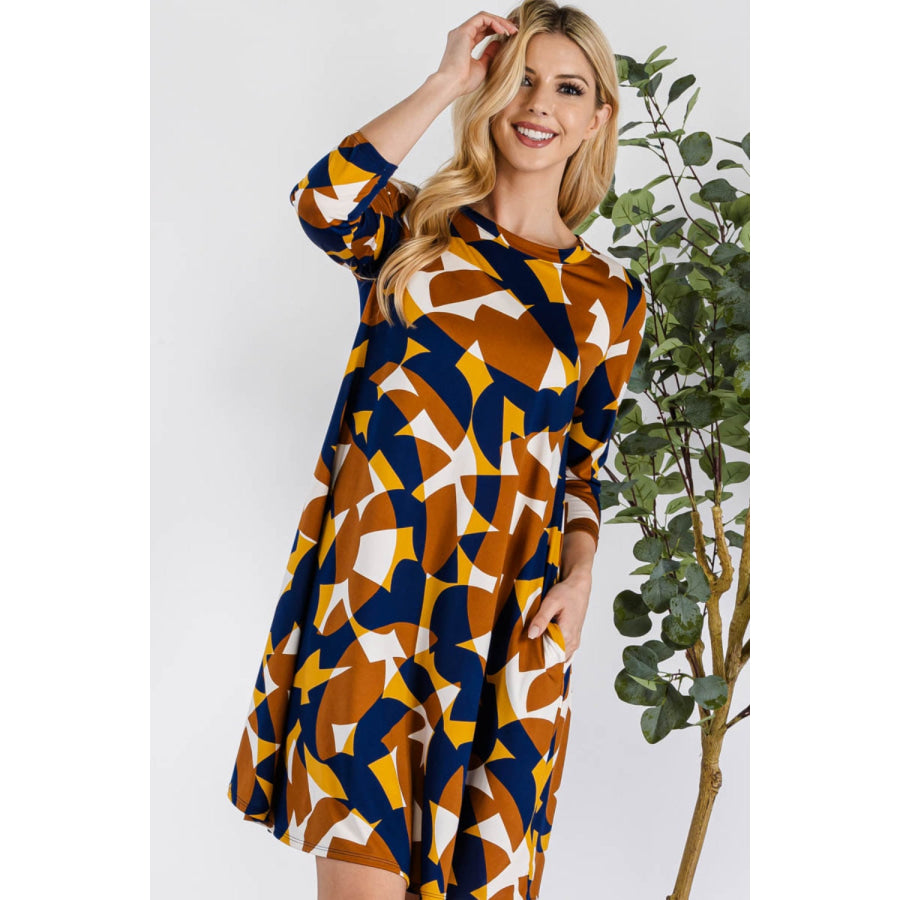 Celeste Full Size Geometric Round Neck Dress with Pockets Apparel and Accessories