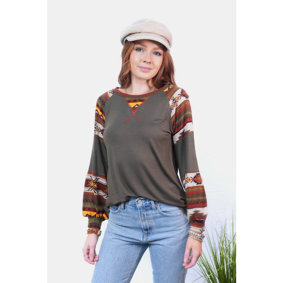 Celeste Full Size Geometric Round Neck Long Sleeve Top Apparel and Accessories