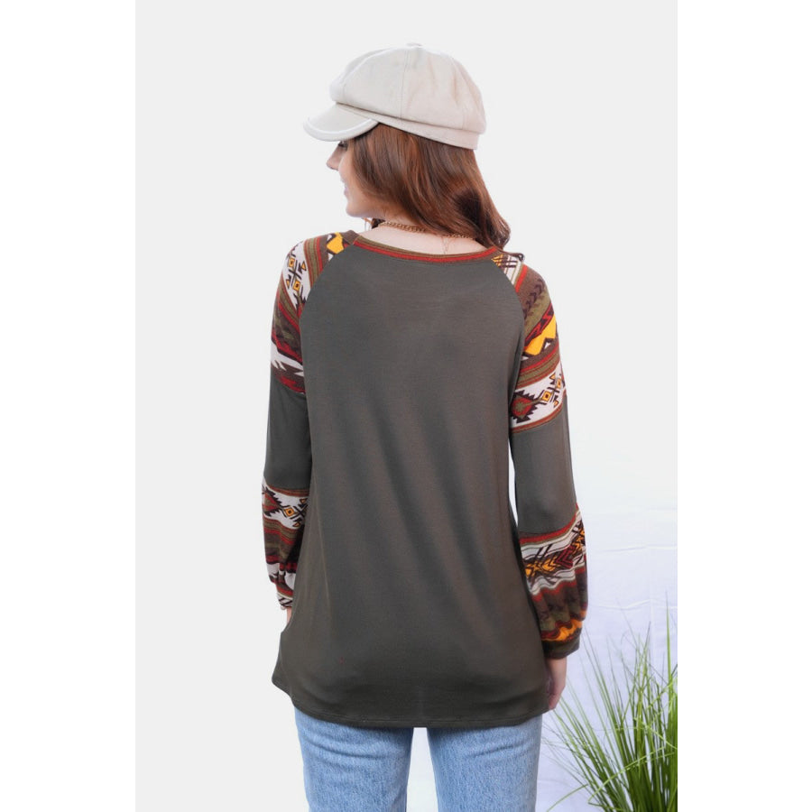 Celeste Full Size Geometric Round Neck Long Sleeve Top Apparel and Accessories