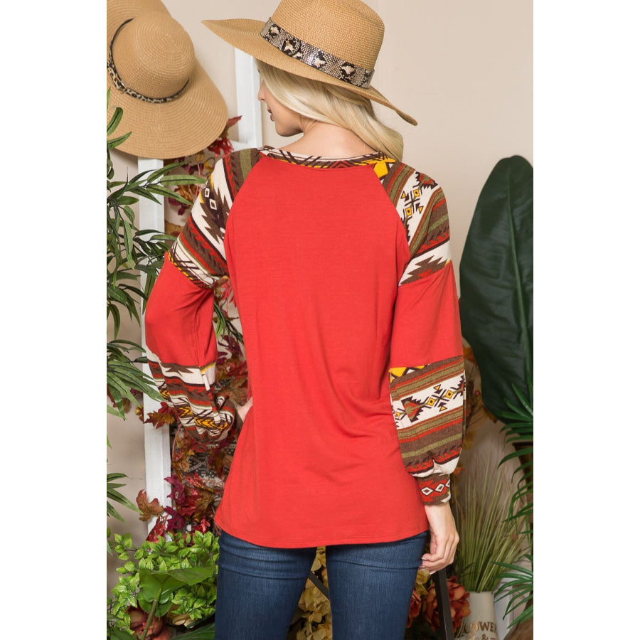 Celeste Full Size Geometric Round Neck Long Sleeve Top Red / S Apparel and Accessories