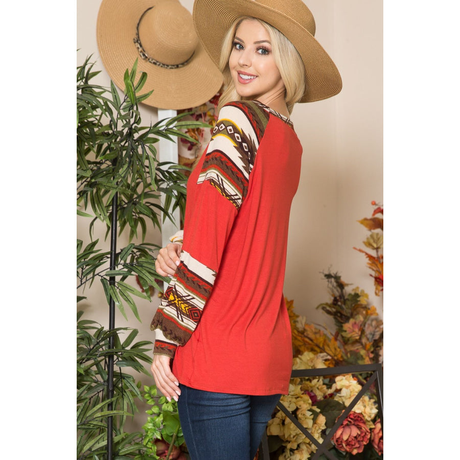 Celeste Full Size Geometric Round Neck Long Sleeve Top Apparel and Accessories