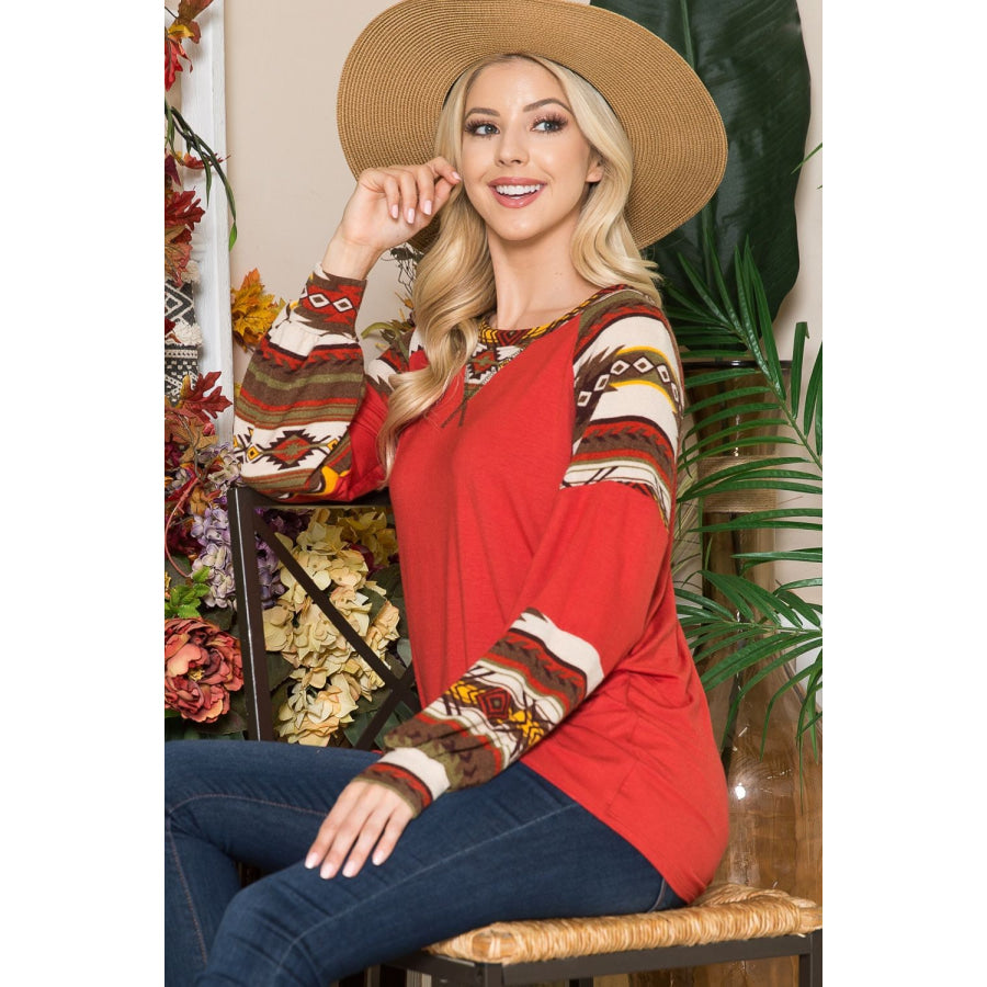 Celeste Full Size Geometric Round Neck Long Sleeve Top Apparel and Accessories