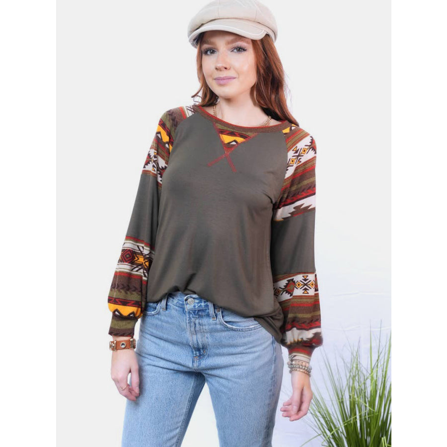 Celeste Full Size Geometric Round Neck Long Sleeve Top Apparel and Accessories