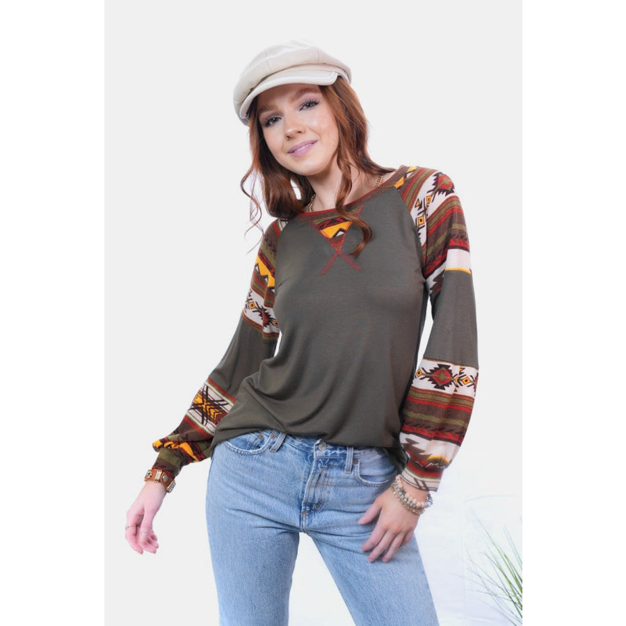 Celeste Full Size Geometric Round Neck Long Sleeve Top Apparel and Accessories