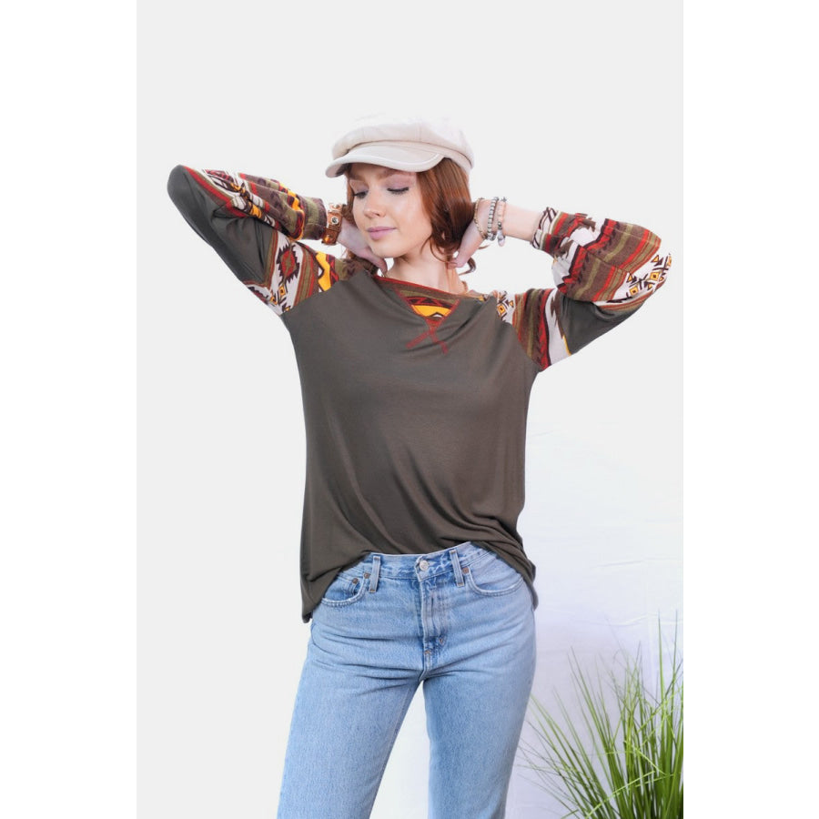 Celeste Full Size Geometric Round Neck Long Sleeve Top Dark Olive / S Apparel and Accessories