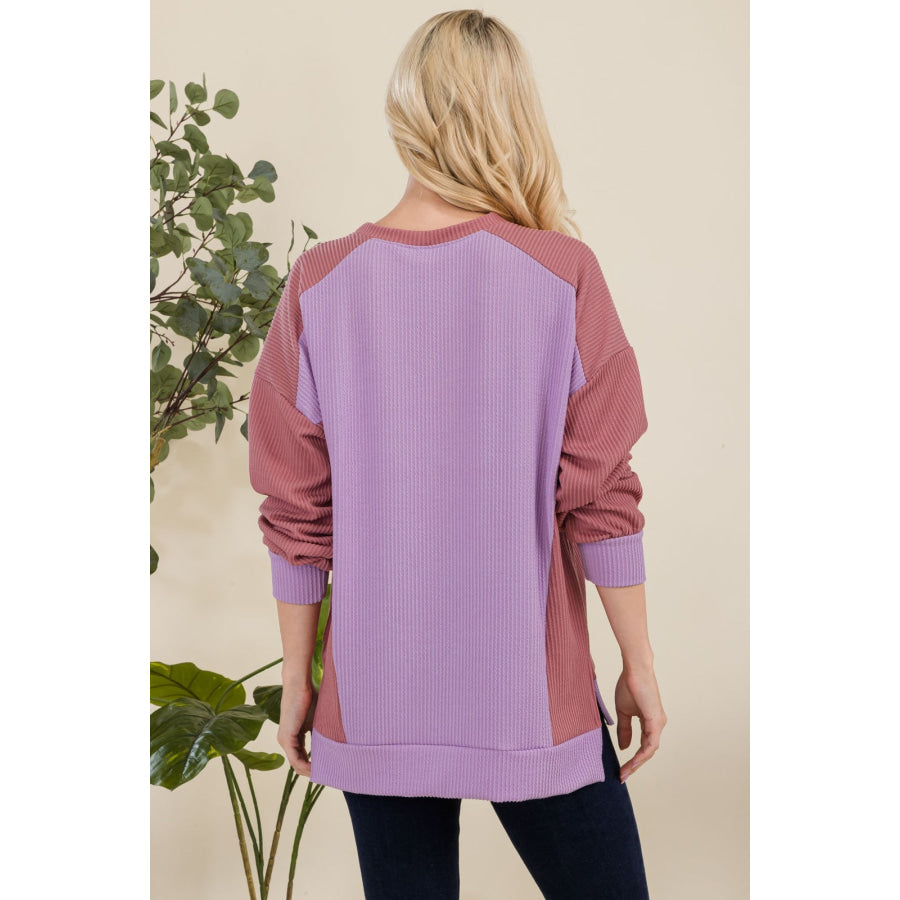 Celeste Full Size High-Low Contrast Round Neck Sweatshirt Lavender / S Apparel and Accessories