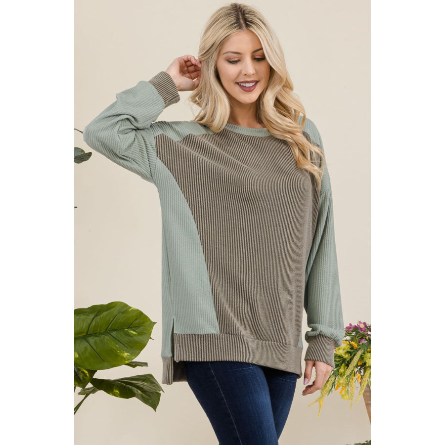 Celeste Full Size High-Low Contrast Round Neck Sweatshirt Apparel and Accessories