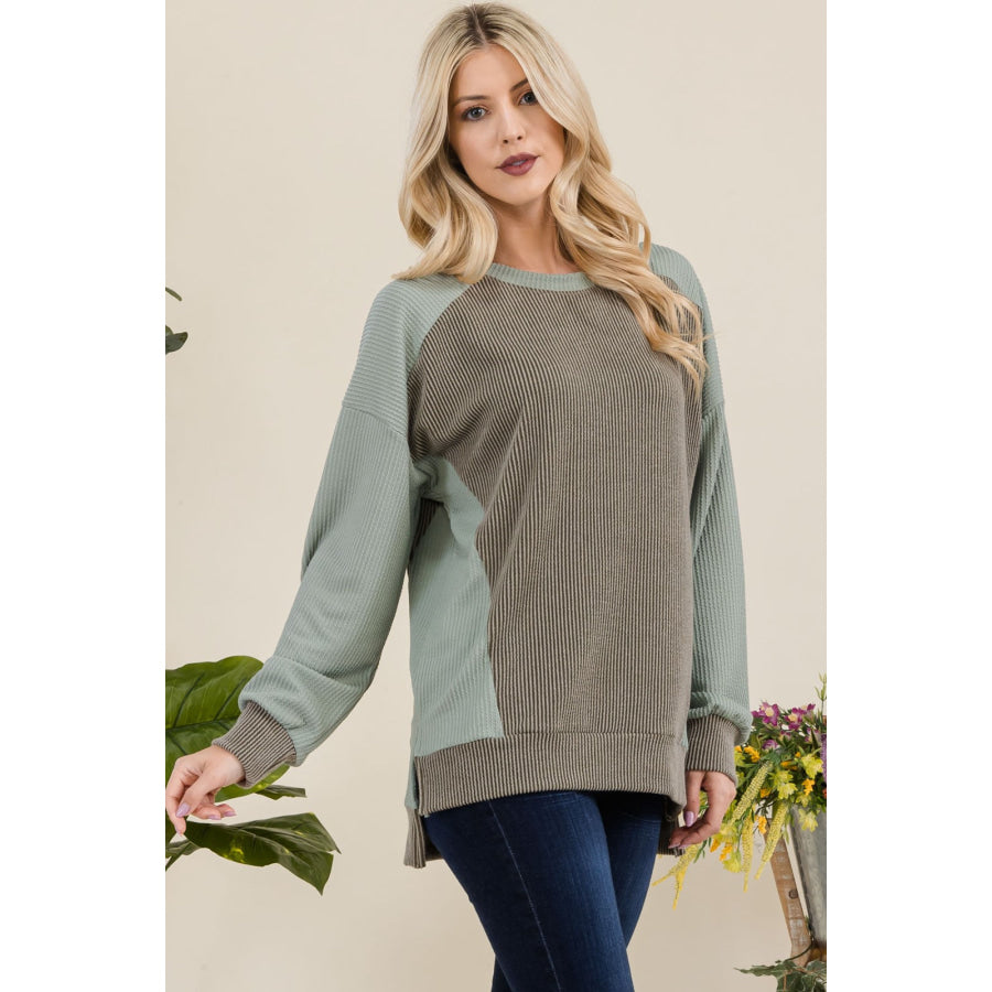 Celeste Full Size High-Low Contrast Round Neck Sweatshirt Apparel and Accessories