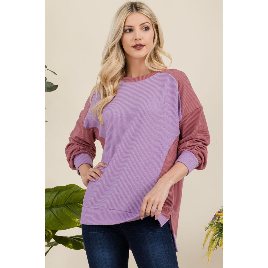 Celeste Full Size High-Low Contrast Round Neck Sweatshirt Apparel and Accessories