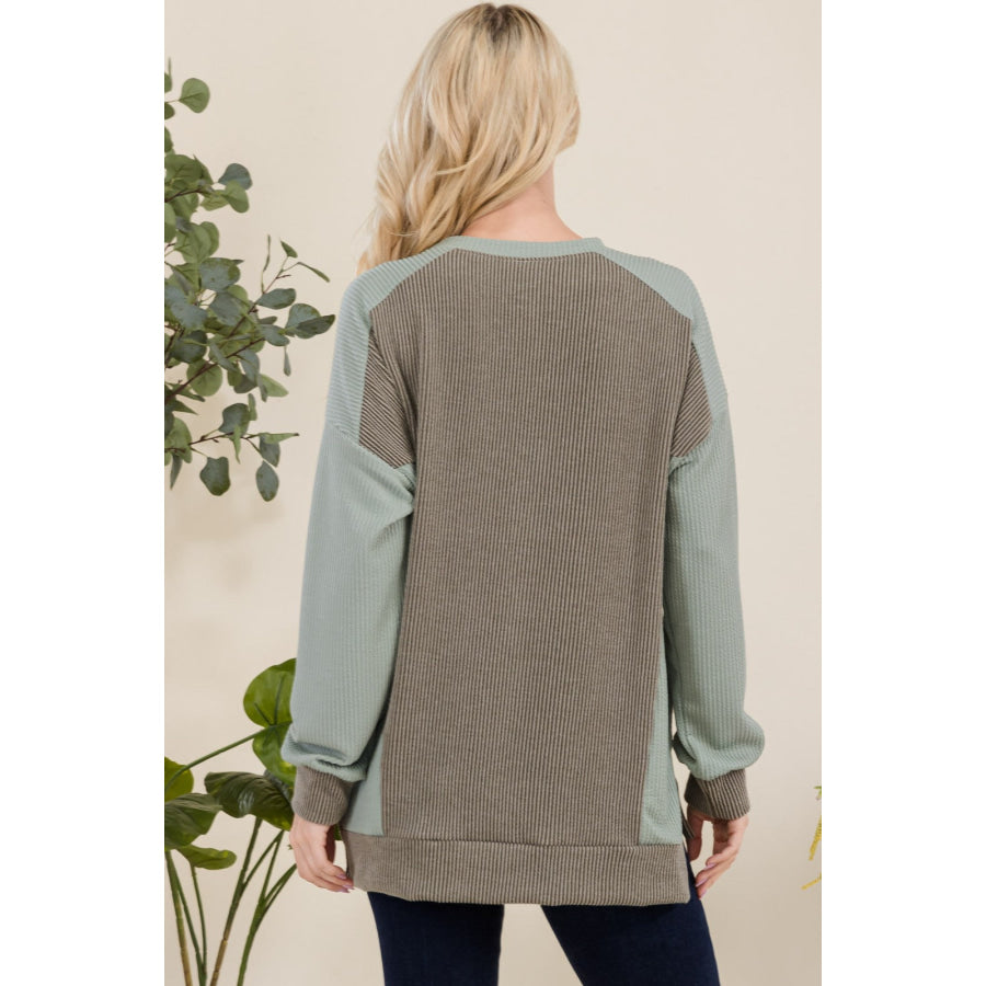 Celeste Full Size High-Low Contrast Round Neck Sweatshirt Apparel and Accessories