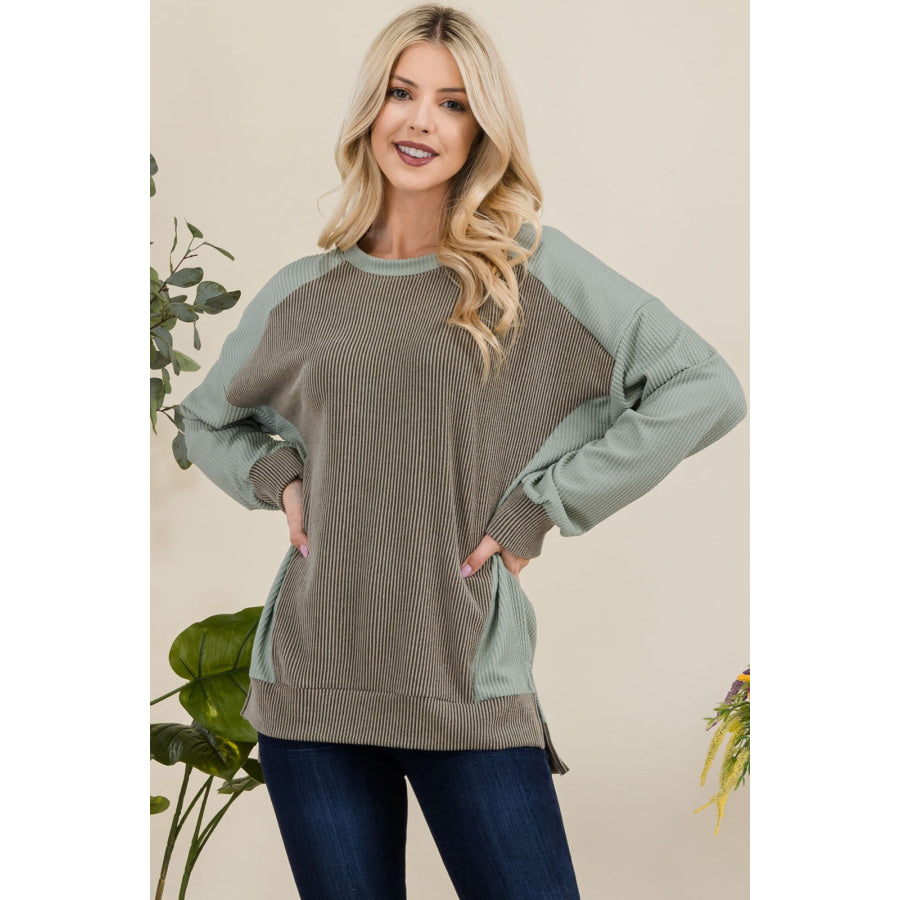 Celeste Full Size High-Low Contrast Round Neck Sweatshirt Apparel and Accessories