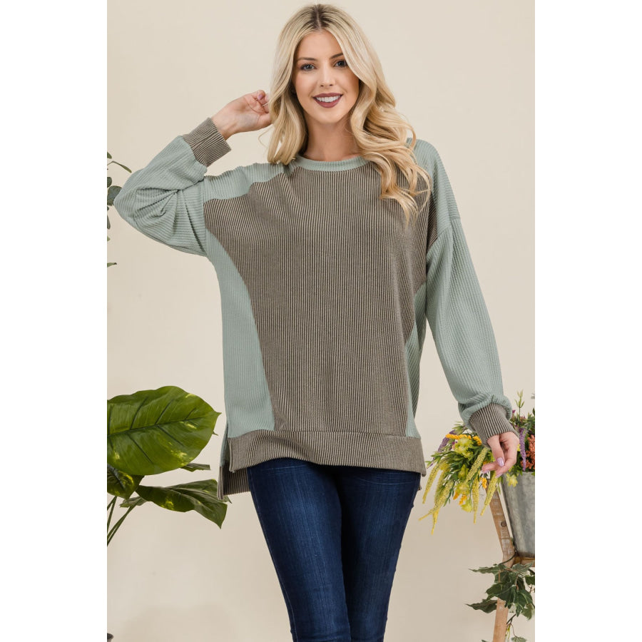 Celeste Full Size High-Low Contrast Round Neck Sweatshirt Apparel and Accessories