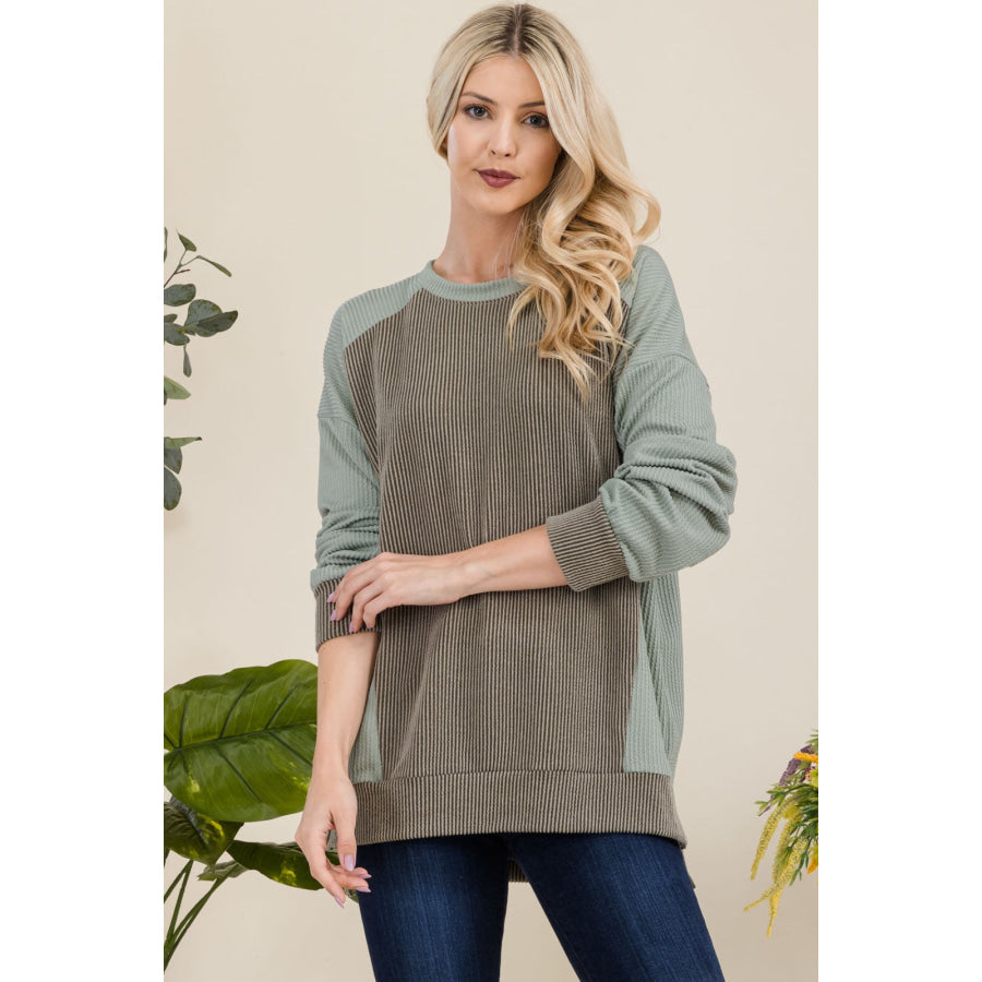 Celeste Full Size High-Low Contrast Round Neck Sweatshirt Apparel and Accessories