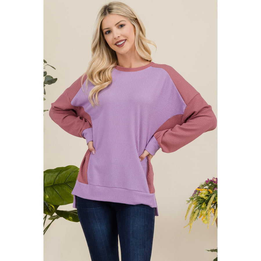 Celeste Full Size High-Low Contrast Round Neck Sweatshirt Apparel and Accessories