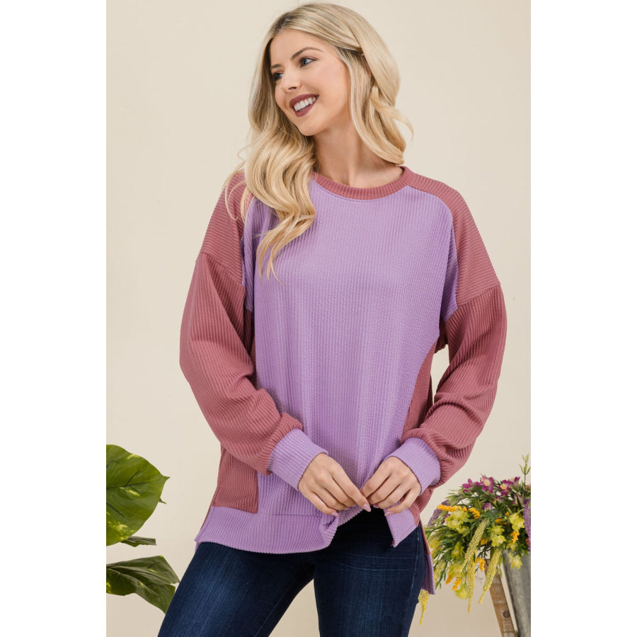 Celeste Full Size High-Low Contrast Round Neck Sweatshirt Apparel and Accessories