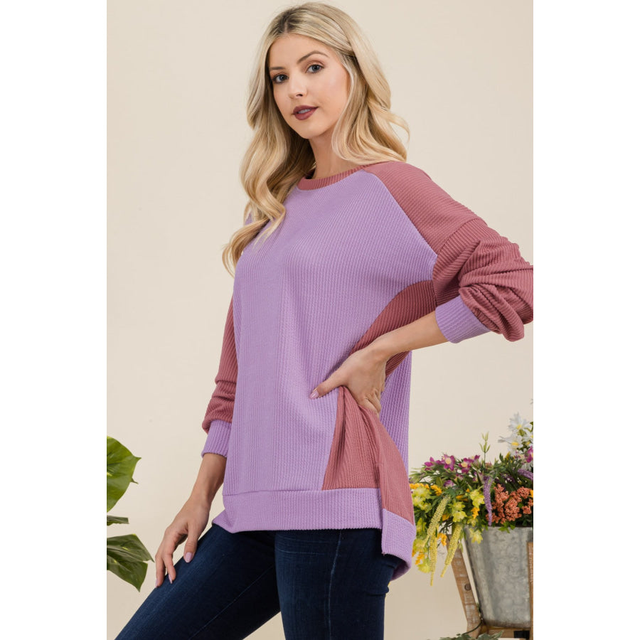 Celeste Full Size High-Low Contrast Round Neck Sweatshirt Apparel and Accessories