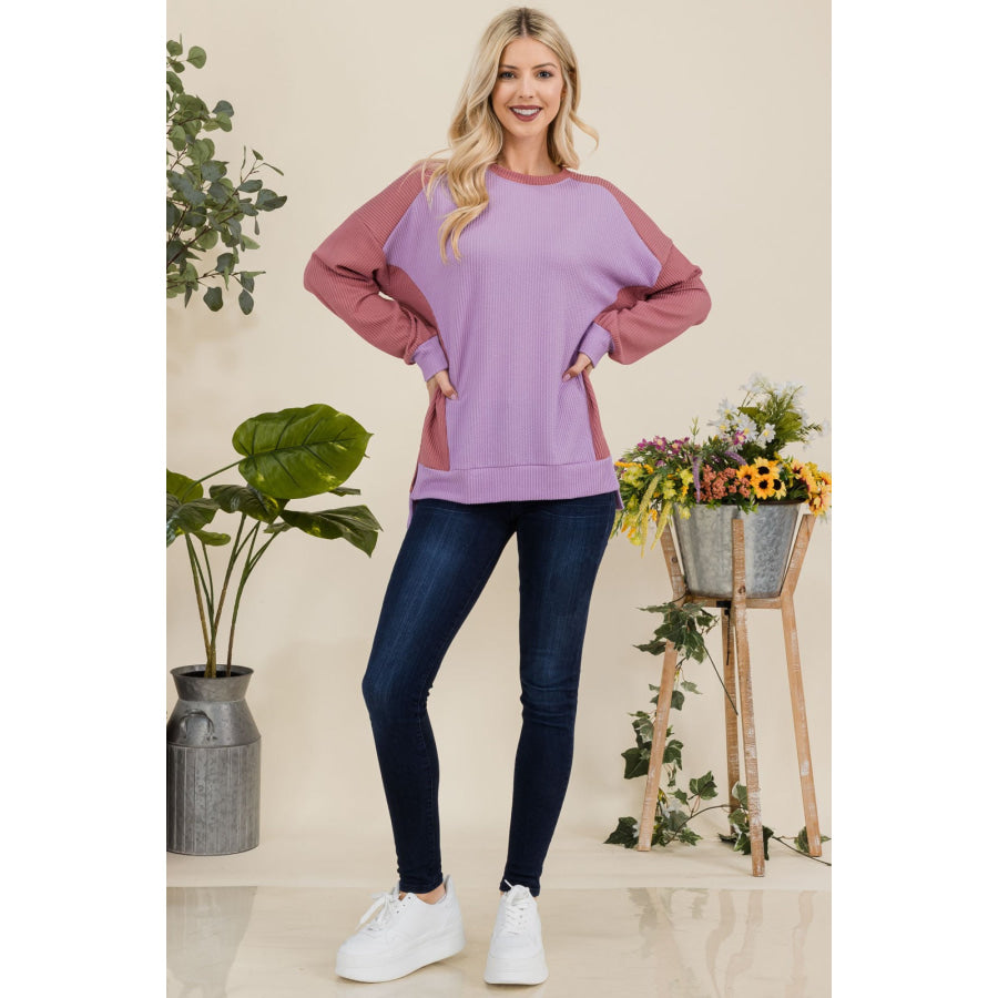 Celeste Full Size High-Low Contrast Round Neck Sweatshirt Apparel and Accessories