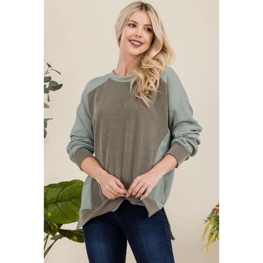 Celeste Full Size High-Low Contrast Round Neck Sweatshirt Apparel and Accessories