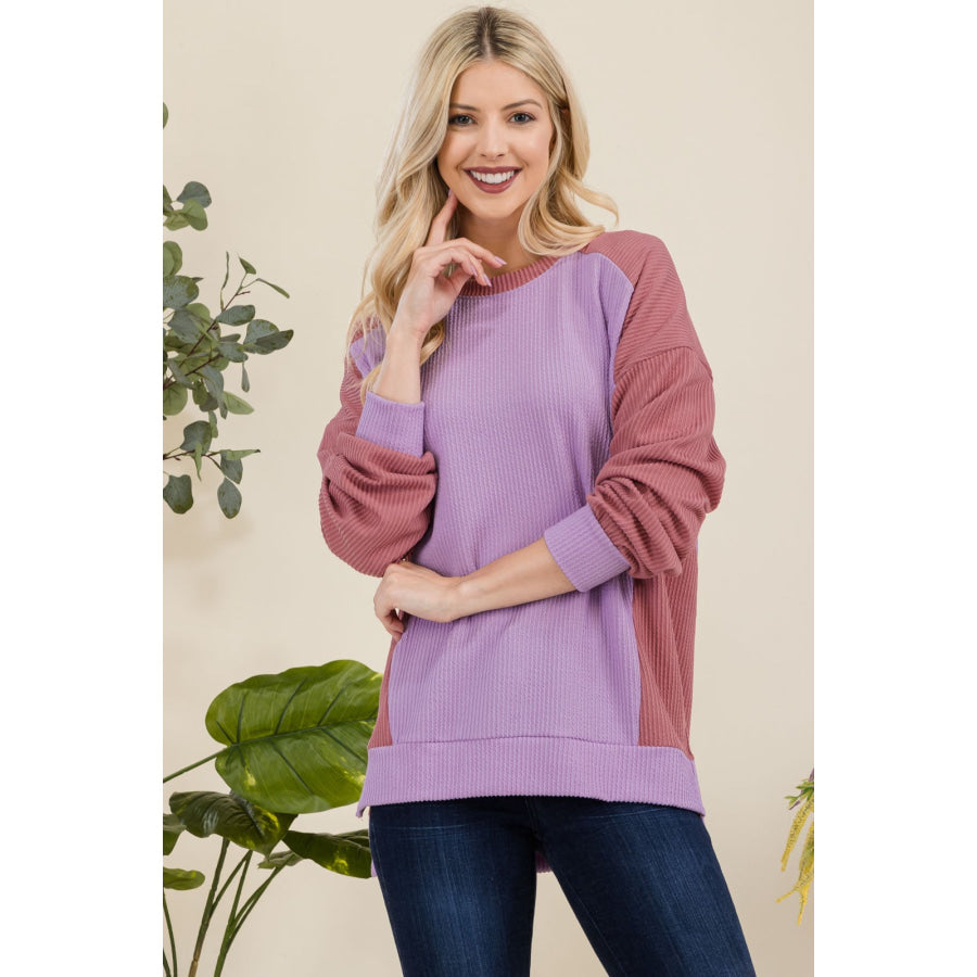 Celeste Full Size High-Low Contrast Round Neck Sweatshirt Apparel and Accessories