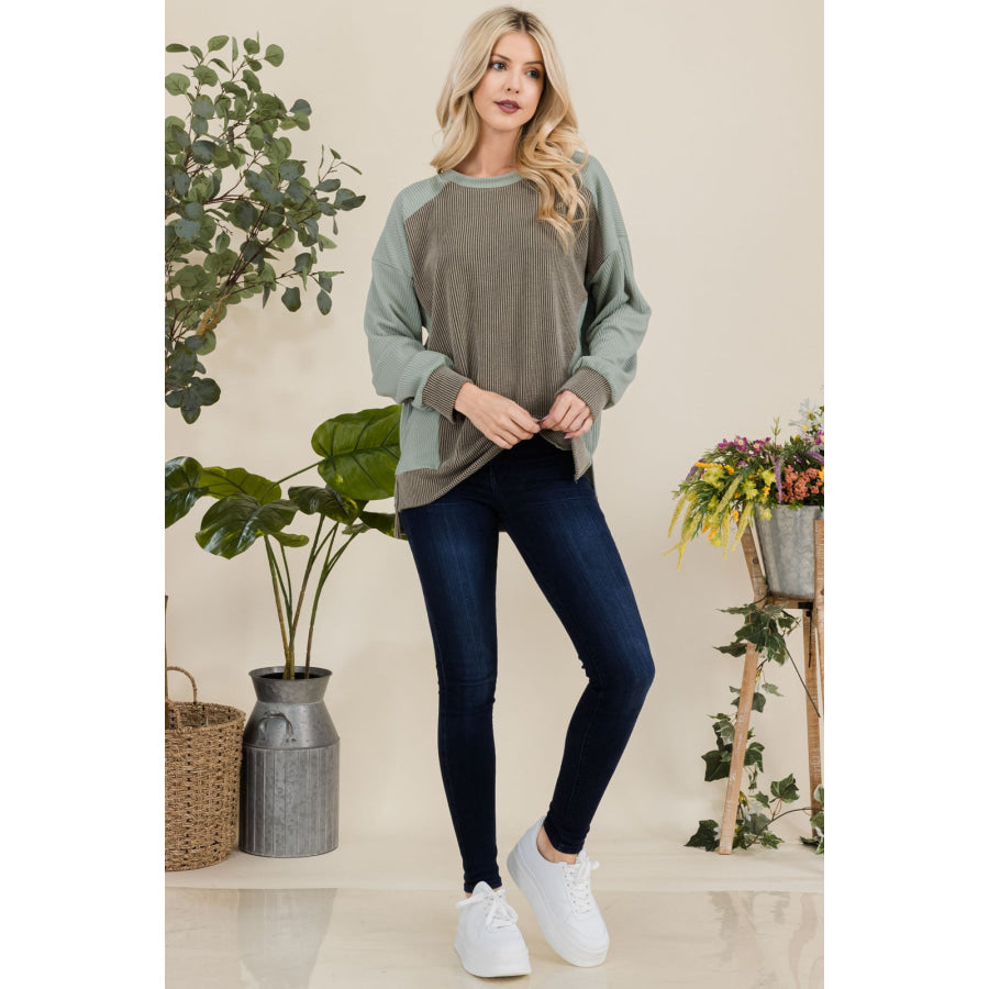 Celeste Full Size High-Low Contrast Round Neck Sweatshirt Apparel and Accessories