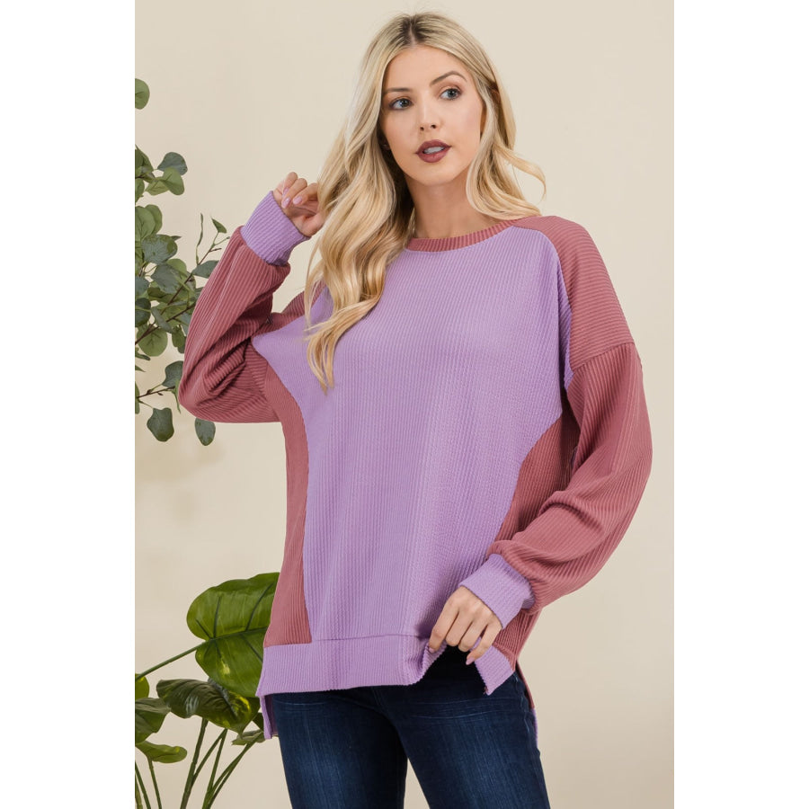 Celeste Full Size High-Low Contrast Round Neck Sweatshirt Lavender / S Apparel and Accessories