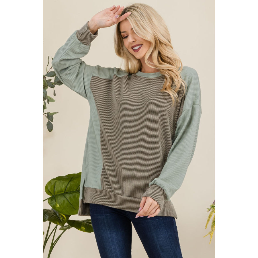 Celeste Full Size High-Low Contrast Round Neck Sweatshirt Sage / S Apparel and Accessories